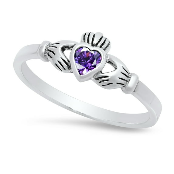 Sterling Silver Claddagh February Birthstone Amethyst CZ Promise Ring 8 Made in Italy + Cloth