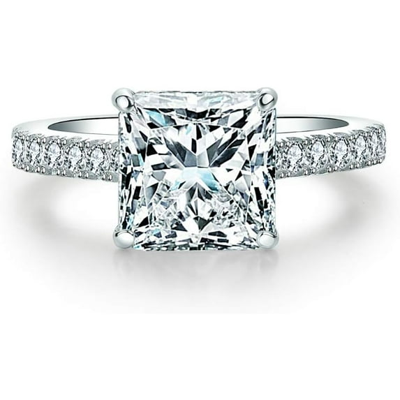 Sterling Silver Classic 3 CT Square Accented Solitaire Engagement Ring Princess Cut Proposal Ring