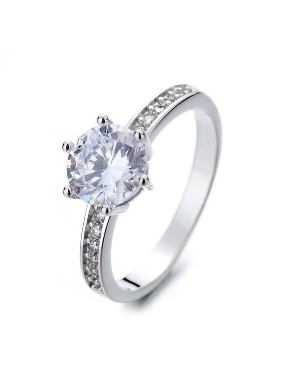 Sterling Silver Classic Brilliant Engagement Ring with Simulated Diamonds