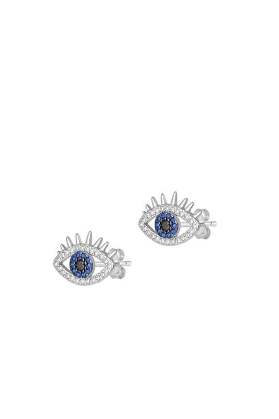 Sterling Silver Clear CZ Blue Simulated Topaz Evil Eye Stud Earrings .925 New Jewelry Female