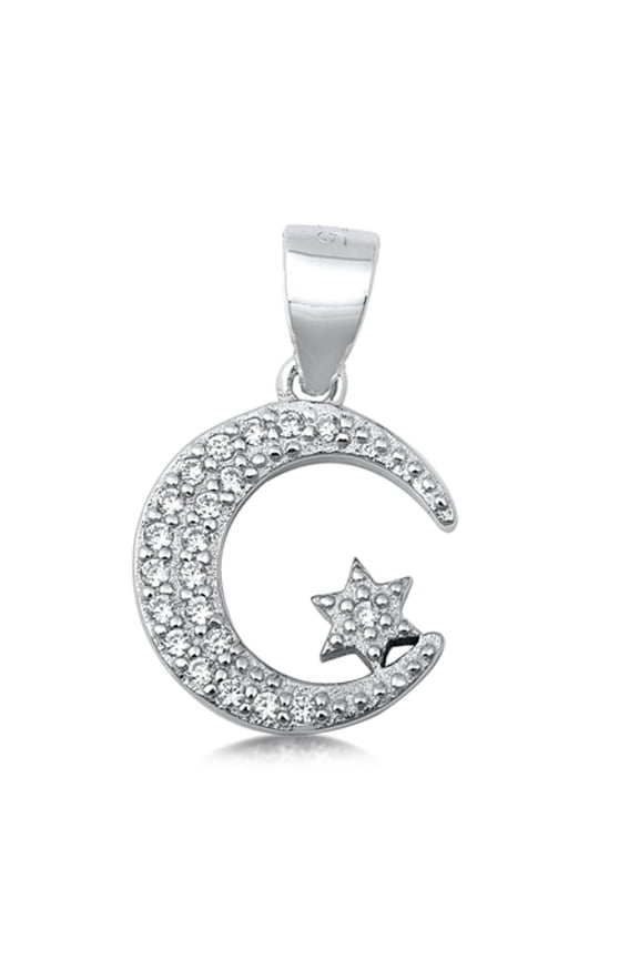 Sterling Silver Clear CZ Crescent Moon Pendant Star Cluster Micro Pave Charm 925 Jewelry Female
