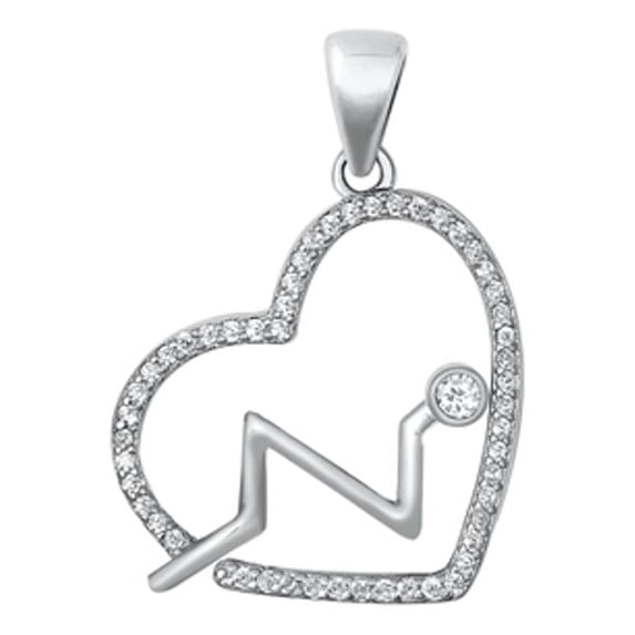 Sterling Silver Clear CZ Heart Lifeline Pendant EKG Pulse Rhythm Charm 925 Jewelry Female