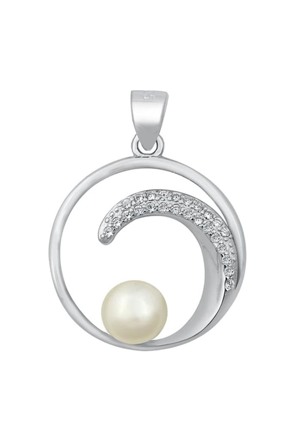 Sterling Silver Clear CZ Simulated Pearl Ocean Wave Pendant Modern Swirl Charm Jewelry Female