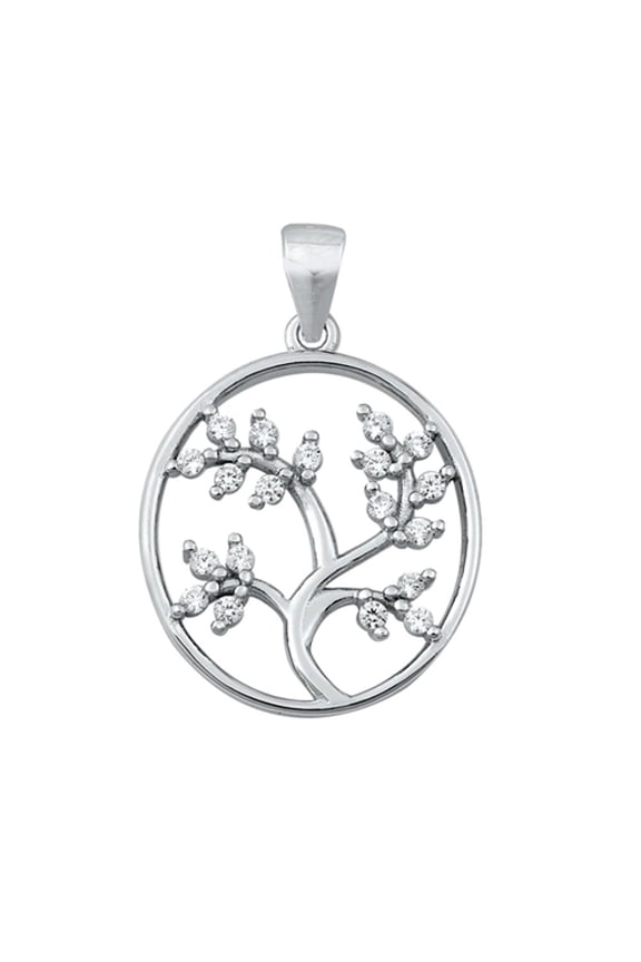 Sterling Silver Clear CZ Tree of Life Pendant Open Hoop Leaf Branch Nature Charm Jewelry Female