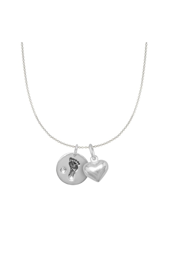 Sterling Silver Clear Crystal Baby Footprint and Heart Charm Necklace