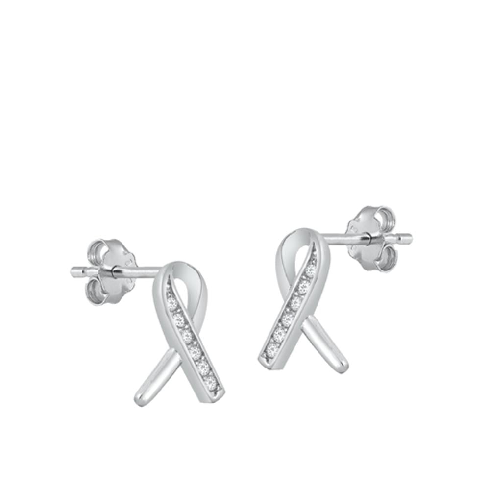 Sterling Silver Clear Cubic Zirconia Awareness Ribbon Earrings 925 New Jewelry Female Unisex