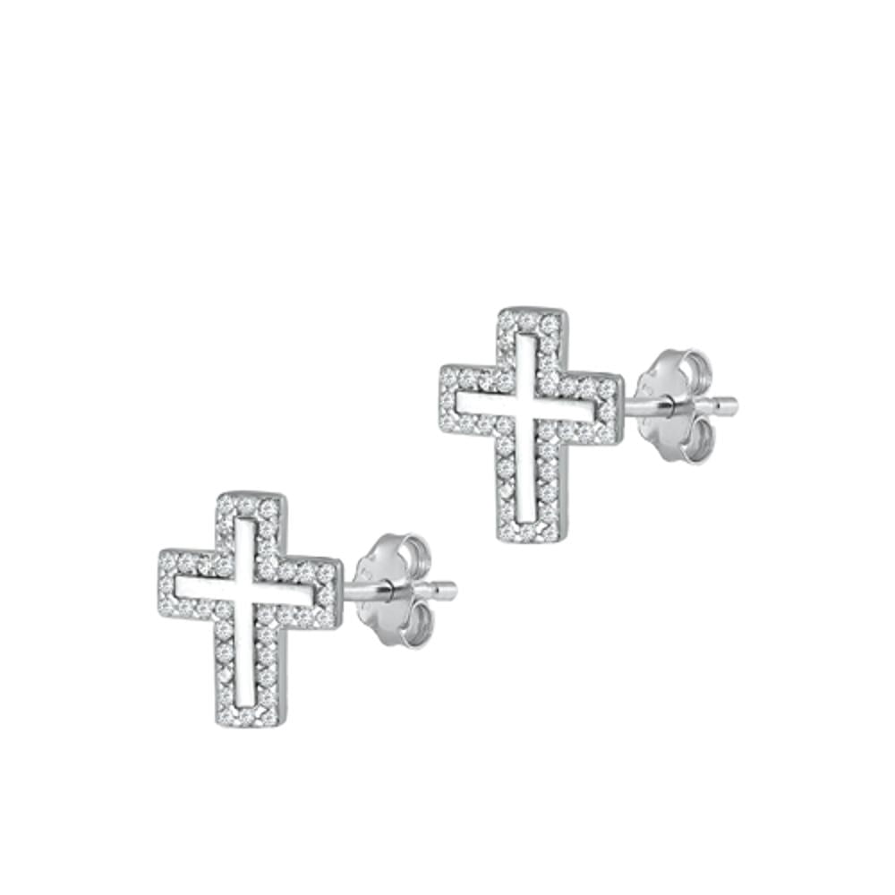 Sterling Silver Clear Cubic Zirconia Cross High Polished Christian Earrings 925 New Jewelry Female