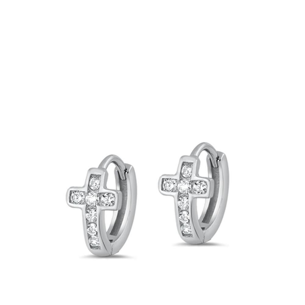 Sterling Silver Clear Cubic Zirconia Cross Huggie Hoop Christian Earrings 925 New Jewelry Female