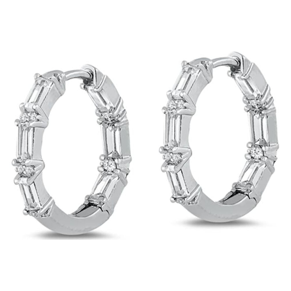 Sterling Silver Clear Cubic Zirconia Elegant Studded Hoop Earrings 925 New Jewelry Female Unisex