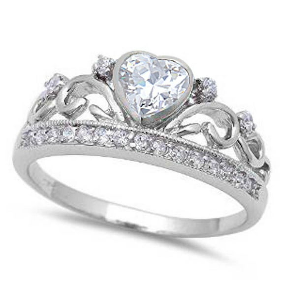 Sterling Silver Clear Cubic Zirconia Heart Filigree Crown Ring Size 6