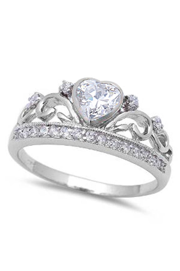 Sterling Silver Clear Cubic Zirconia Heart Filigree Crown Ring Size 9