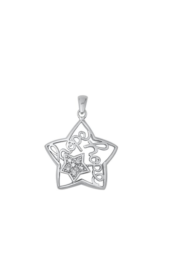 Sterling Silver Clear Cubic Zirconia "Hope" Pendant Star Charm Jewelry Female Unisex