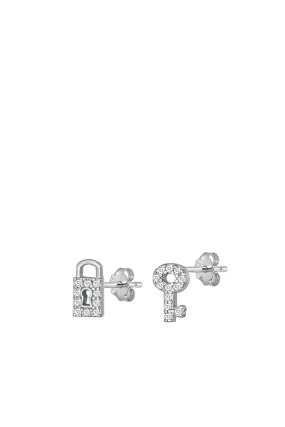 Sterling Silver Clear Cubic Zirconia Lock & Key Stud High Polished Earrings 925 Jewelry Female
