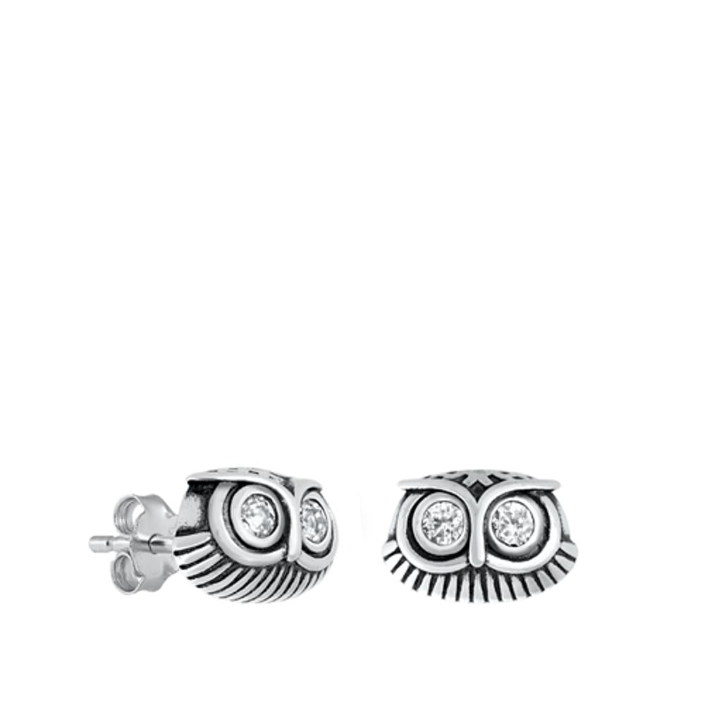 Sterling Silver Clear Cubic Zirconia Oxidized Owl Earrings 925 New Jewelry Female Unisex