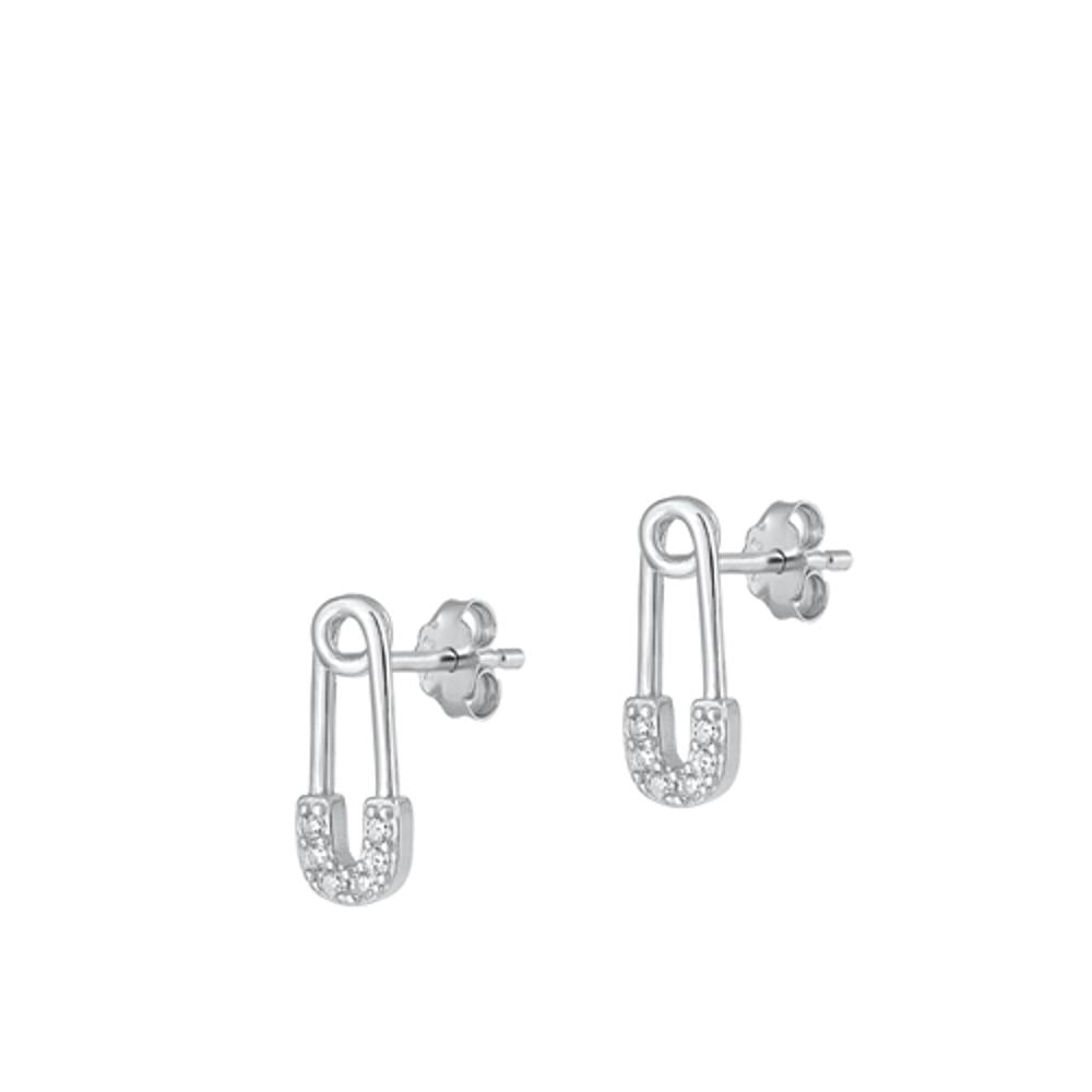 Sterling Silver Clear Cubic Zirconia Safety Pin Earrings 925 High Polished Jewelry Female Unisex