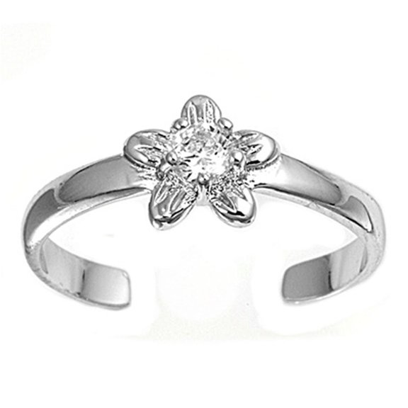 Sterling Silver Clear Cubic Zirconia Studded Flower Toe Ring Adjustable Midi Band 925 Jewelry Female
