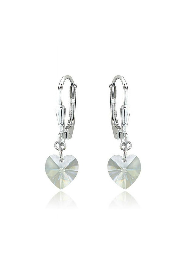 Sterling Silver Clear Dainty Heart Dangle Leverback Earrings Made with Swarovski Crystals