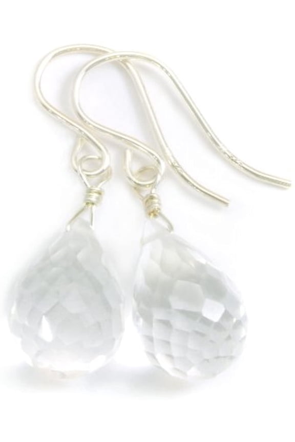 Sterling Silver Clear Quartz Earrings Faceted Rounded Teardrop Drop Dainty Small Briolettes Designed for Adult Women
