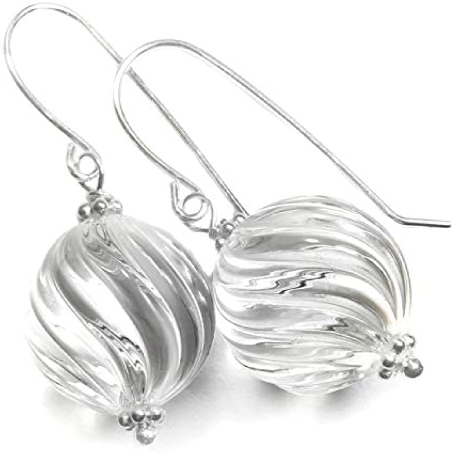 Sterling Silver Clear Quartz Earrings Fancy Cut Round Carved Swirl Dangle Simple Drops Beaded Accents Designed for Adult Women