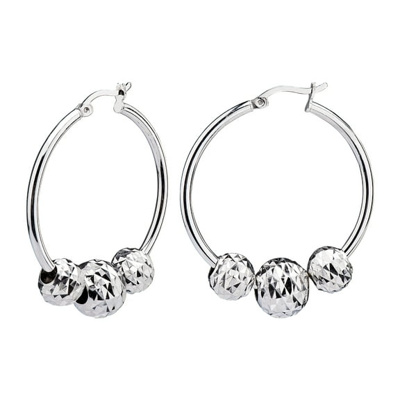 Sterling Silver Click-Top High Polish Hoop Earrings with Diamond Cut Beads