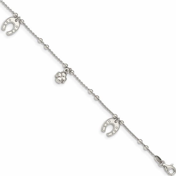 Sterling Silver Clover And Horseshoe Dangle 9In Plus 1In Ext Anklet (10 X 8.88) Made In Italy -Jewelry By Sweet Pea