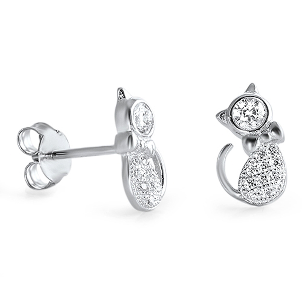 Sterling Silver Cluster Cat Bow Tie Animal Pet Stud Earrings Clear Cubic Zirconia 925 Jewelry Female