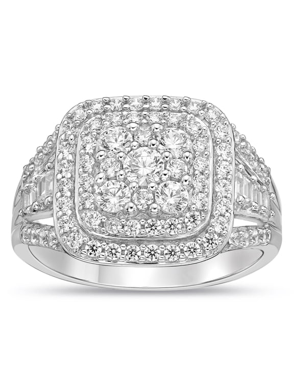 Sterling Silver Cluster Round Simulated Diamond Cocktail Ring