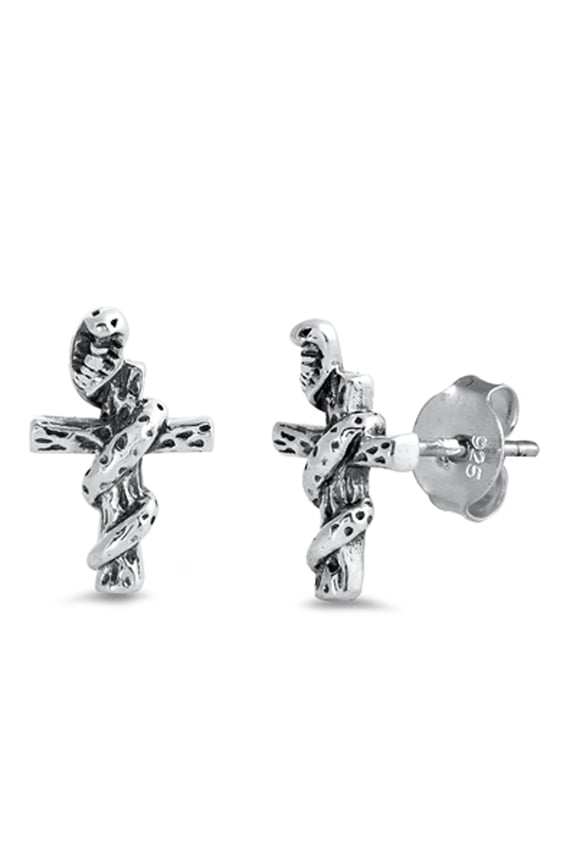 Sterling Silver Coiled Snake Cross Serpent Good vs Evil Stud Earrings 925 New Jewelry Female Unisex