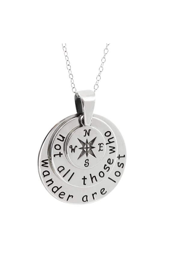 Sterling Silver Compass Pendant Necklace, Not All Those Who Wander Are Lost, 18" Chain