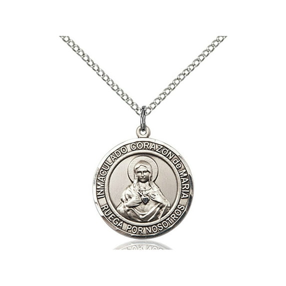 Sterling Silver Corazon Inmaculado De Maria Pendant 3/4 x 5/8 inches with 18 inch Sterling Silver Curb Chain