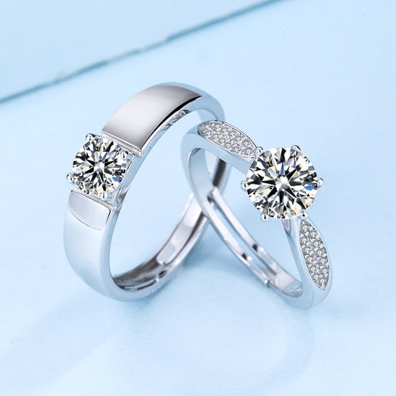 Sterling Silver Couple Ring With Diamond Accent Geometric Korean Style Matching Band Anniversary Jewelry Gifts