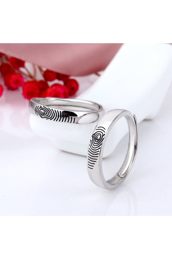 Sterling Silver Couple Rings, 925 Silver Fingerprint Live Mouth Fashion Rings for Couples, Seiko Processed, 5.01g, His and Hers Matching Promise Rings