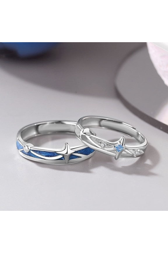 Sterling Silver Couple Rings Adjustable Star Enamel Matching Rings Promise Rings for Him and Her Adjustable Opening Enamel Star Rings