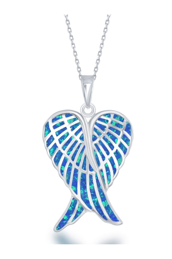 Sterling Silver Created Blue Opal Angel Wing Pendant with 18" Chain