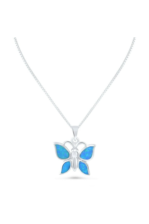 Sterling Silver Women's Blue Opal Butterfly Charm Necklace, 925 Sterling, Gift Box