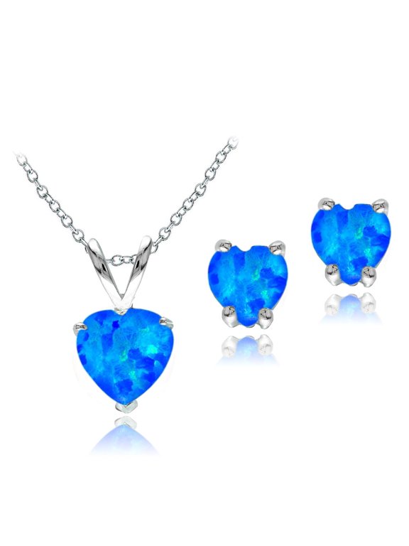 Sterling Silver Created Blue Opal Heart Solitaire Pendant & Stud Earrings Set