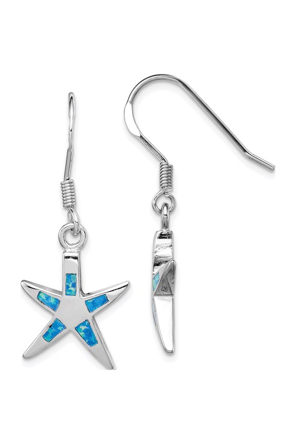 Sterling Silver Created Blue Opal Inlay Flat Starfish Dangle Earrings (33 X 14) Made In China qe7438