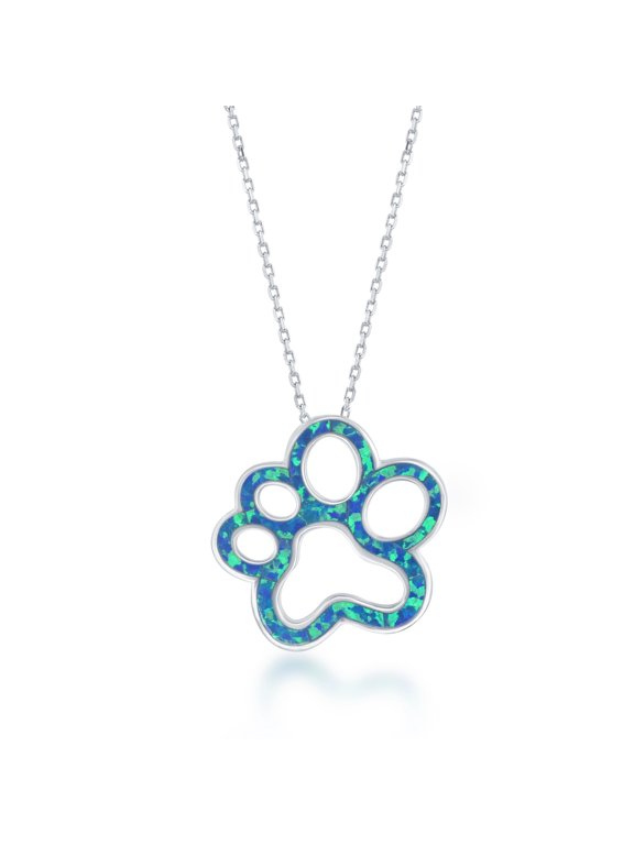 Sterling Silver Created Blue Opal Open Paw Print Pendant with 18" Chain