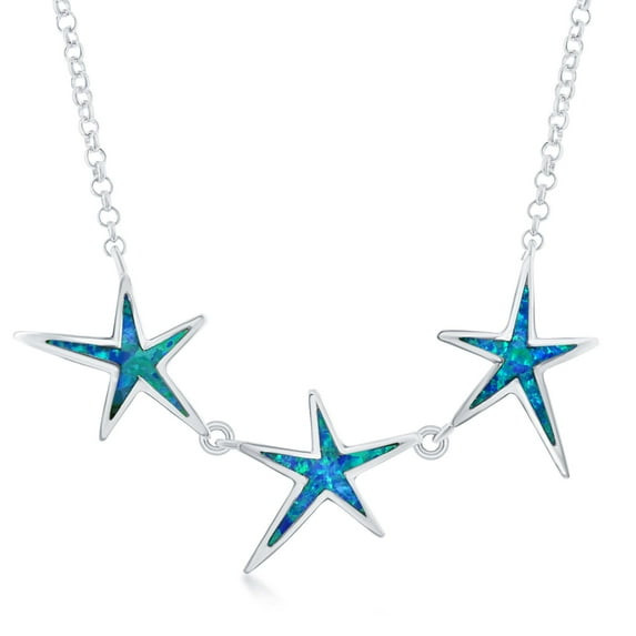 Sterling Silver Created Blue Opal Three Linked Starfish 16+3'' Necklace