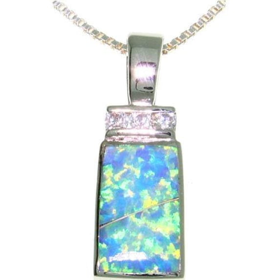 Sterling Silver Created Blue Opal and Clear Cubic Zirconia Rectangle Pendant with Chain Necklace