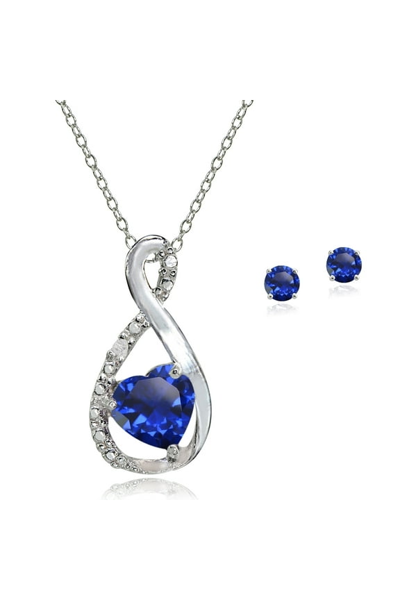 Sterling Silver Created Blue Sapphire Infinity Heart Pendant Necklace & Stud Earrings Set