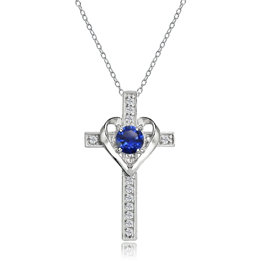 Sterling Silver Created Blue Sapphire and White Topaz Heart Cross