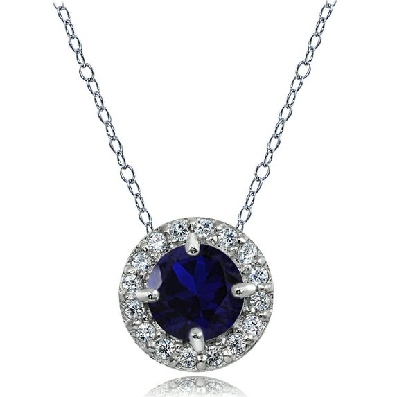 Sterling Silver Created Blue Sapphire and White Topaz Round Halo Necklace