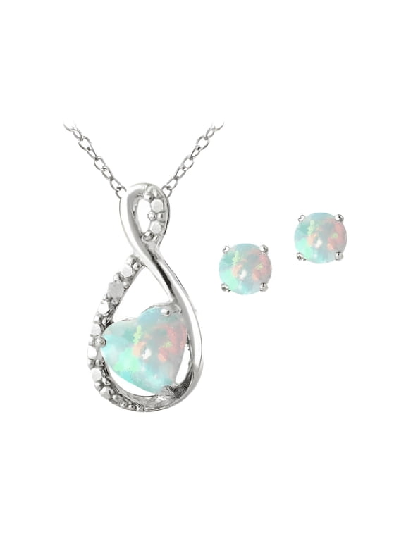 Sterling Silver Created Opal & Diamond Accent Infinity Heart Pendant and Stud Earrings Set
