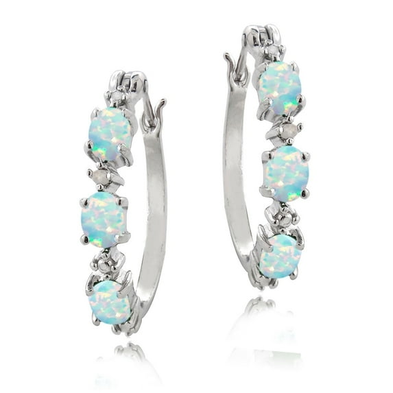 Sterling Silver Created Opal & Diamond Accent Oval Hoop Earrings