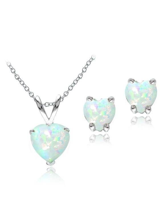 Sterling Silver Created Opal Heart Solitaire Pendant & Stud Earrings Set