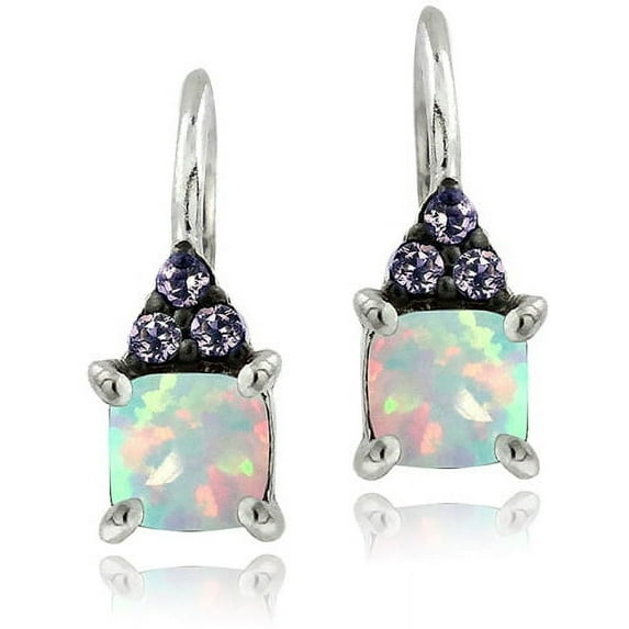 Sterling Silver Created Opal and Amethyst Leverback Earrings