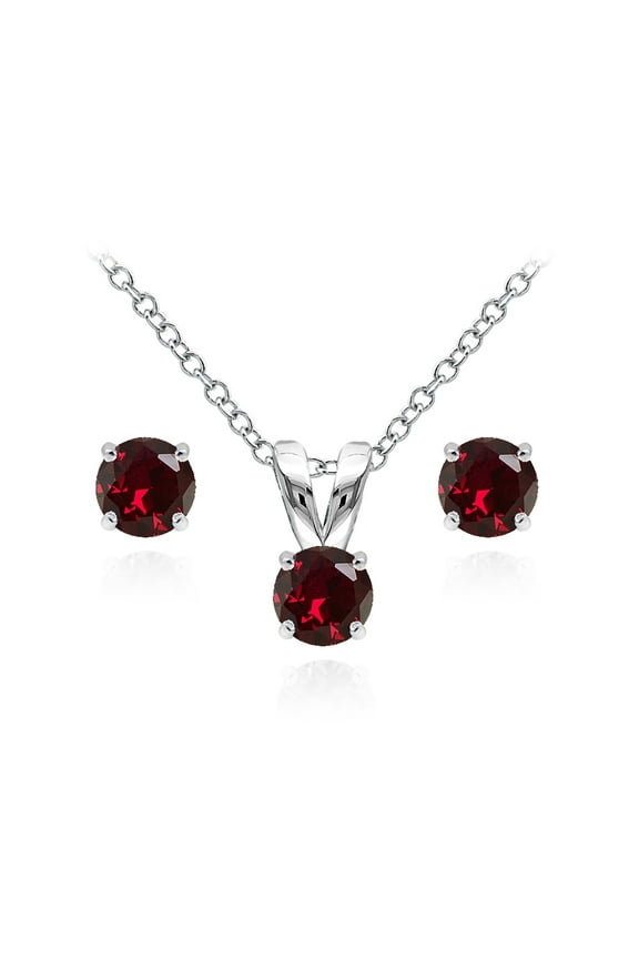 Sterling Silver Created Ruby 5mm Round Pendant Necklace and Stud Earrings Set