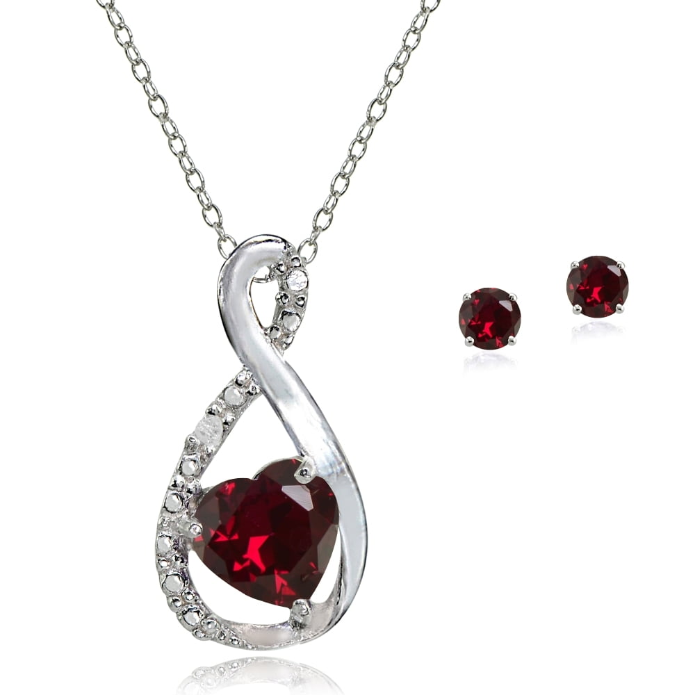 Sterling Silver Created Ruby & Diamond Accent Infinity Heart Pendant Necklace & Stud Earrings Jewelry Set