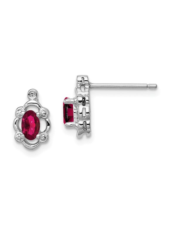 925 Sterling Silver Polished Post Created Ruby and Diamond Earrings Measures 10x6mm Wide - Earring for Women